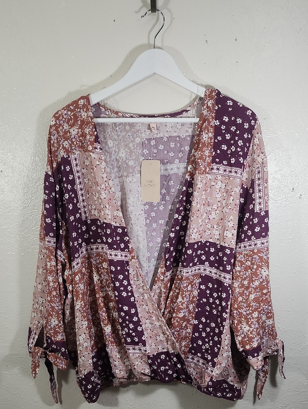 Como Vintage Women's Patchwork Floral Wrap Blouse - Purple Mix Size XXL NWT